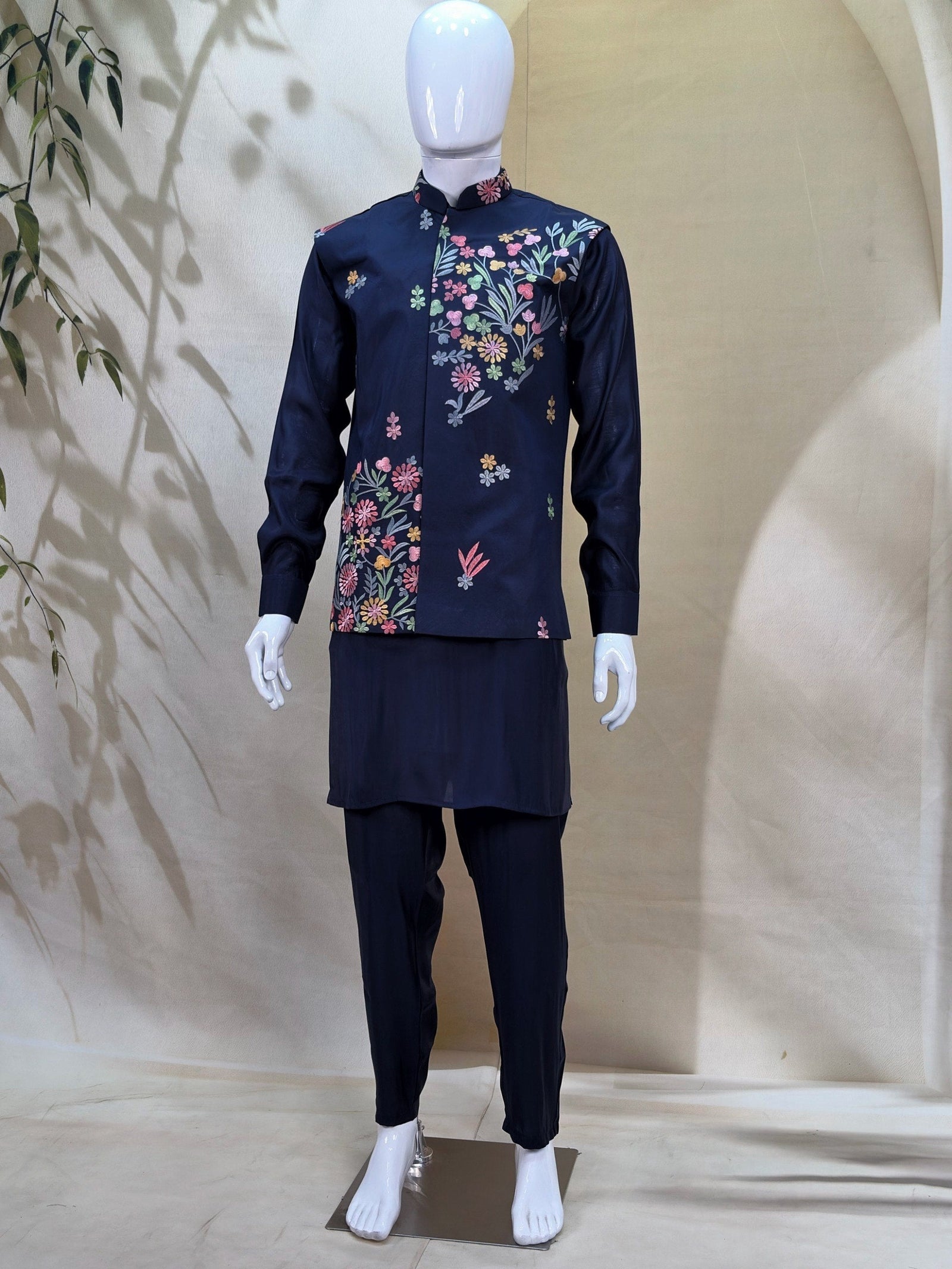 Blue Men's Kurta Pant with Embroidered Koti Set ClothsVilla