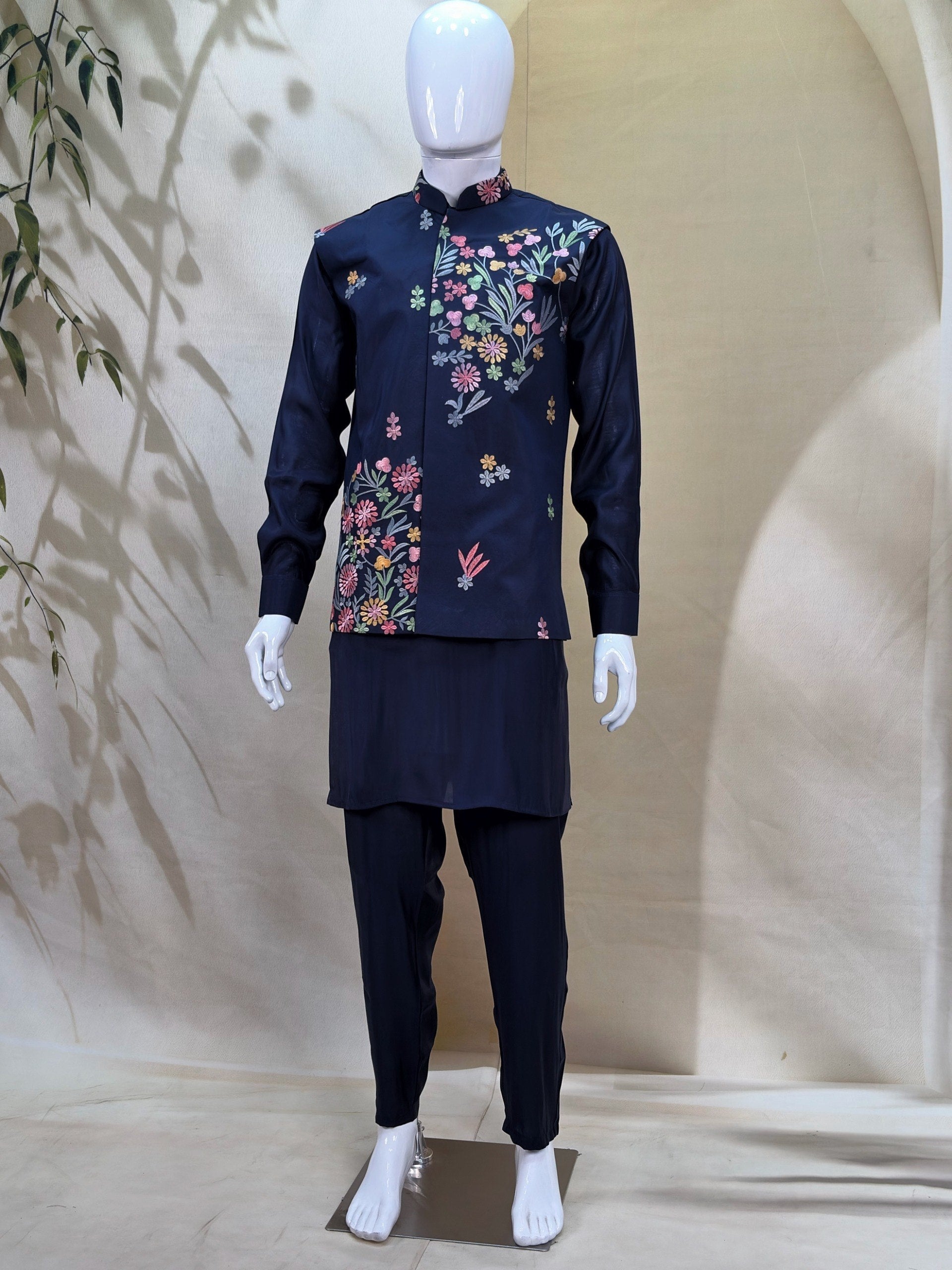 Blue Men's Kurta Pant with Embroidered Koti Set ClothsVilla