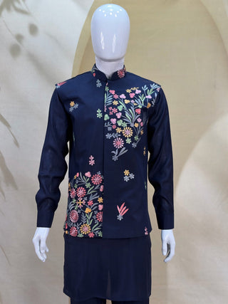 Blue Men's Kurta Pant with Embroidered Koti Set ClothsVilla