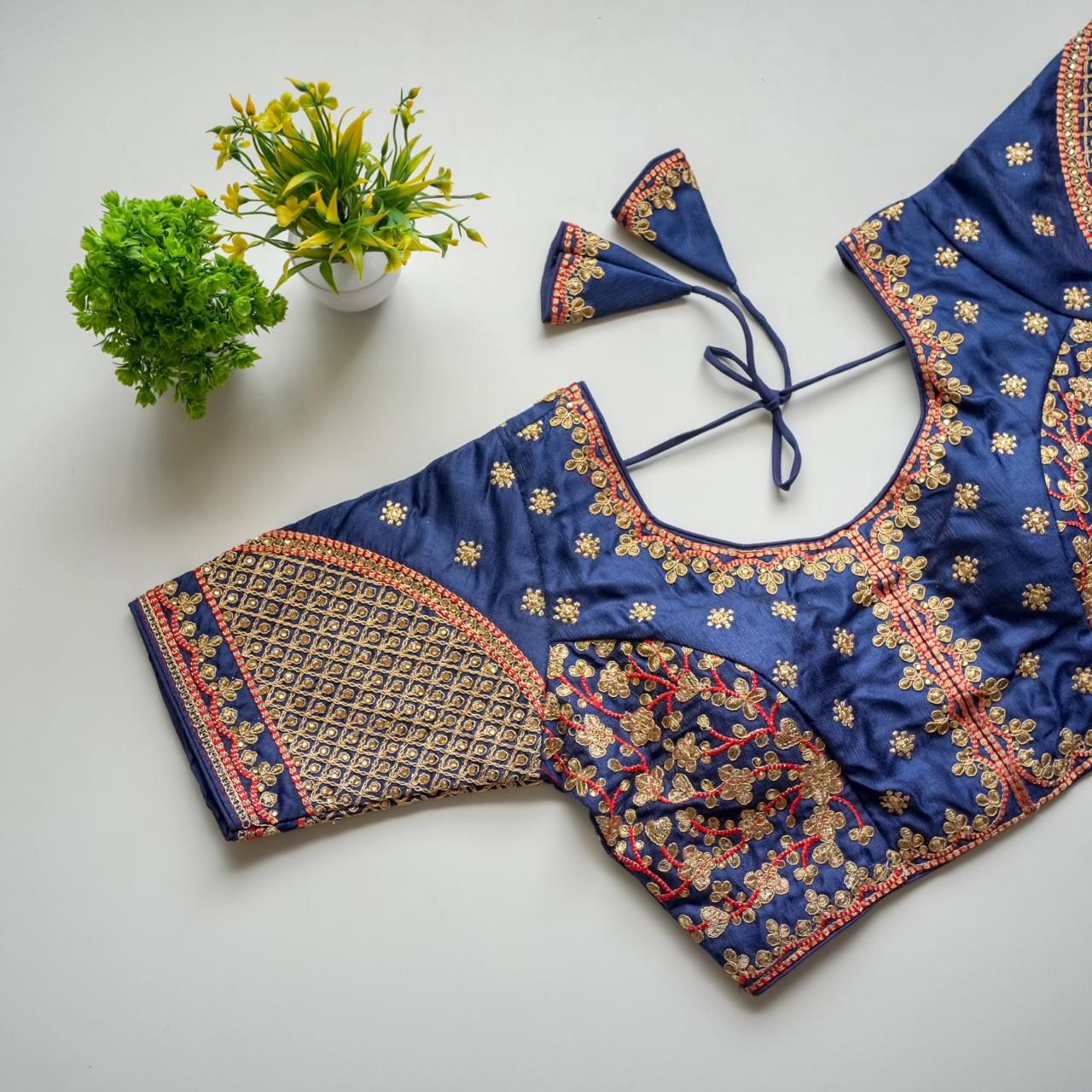Blue Mulmul Silk Blouse with Golden Embroidery and Sequins Secondary image