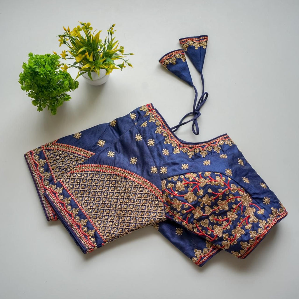 Blue Mulmul Silk Blouse with Golden Embroidery and Sequins ClothsVilla