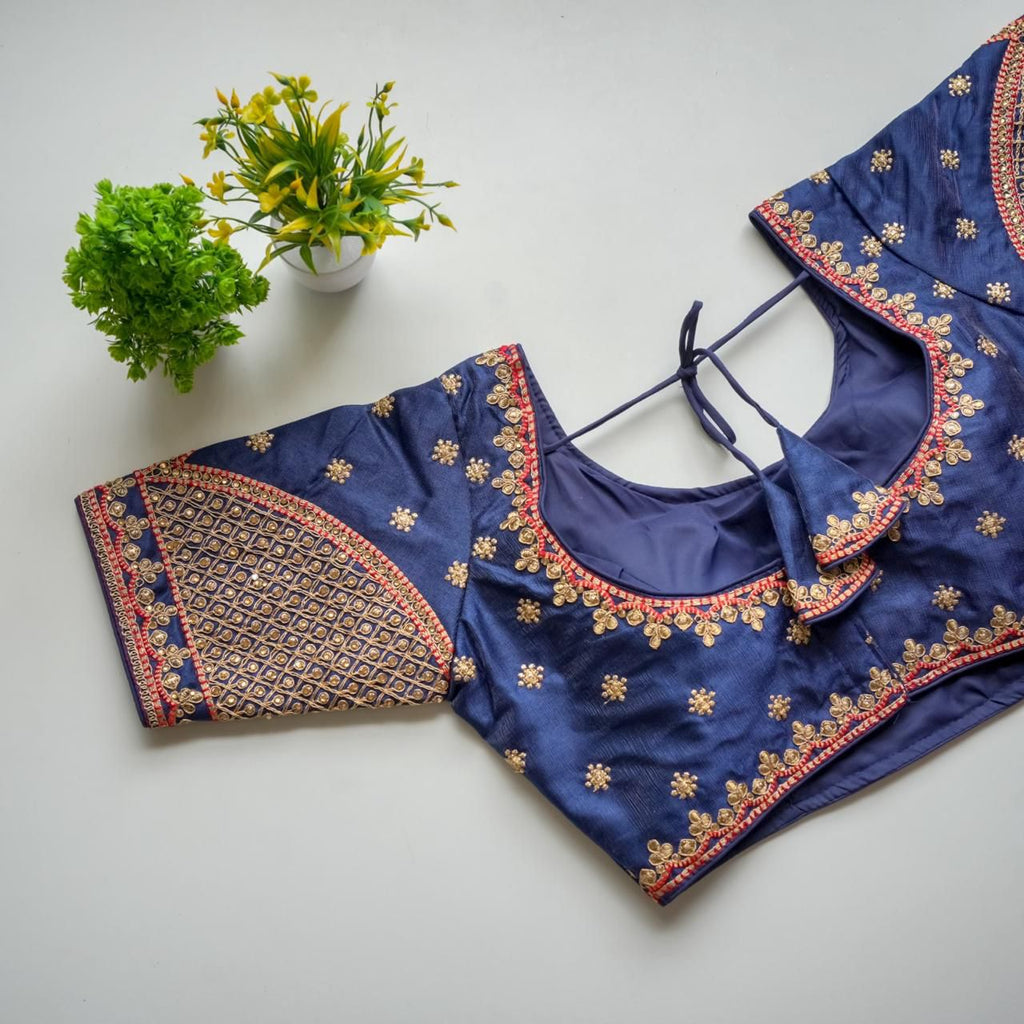 Blue Mulmul Silk Blouse with Golden Embroidery and Sequins ClothsVilla