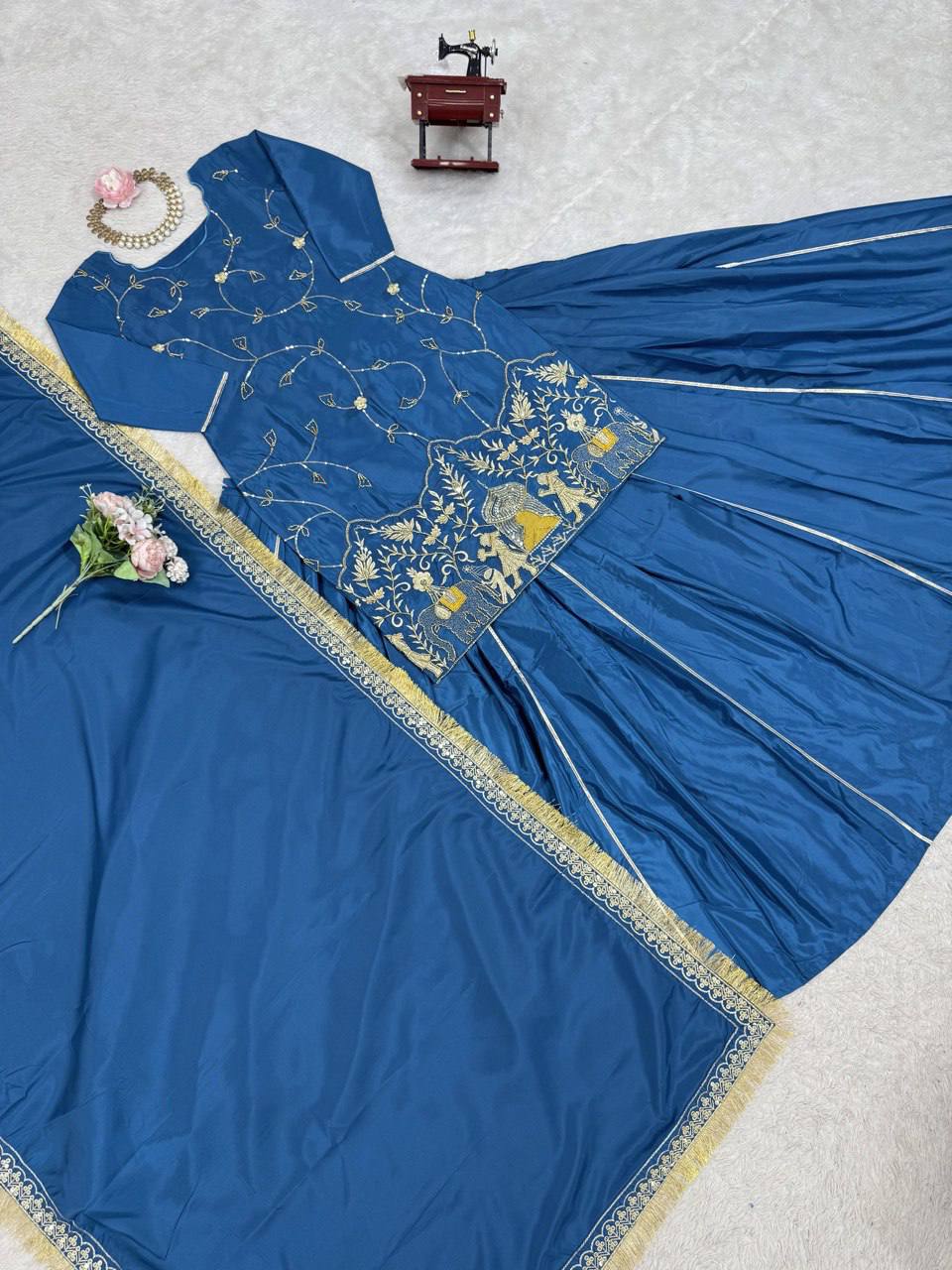 Blue Natural Crepe Silk Lehenga Set with Bead & Sequin Detailing ClothsVilla