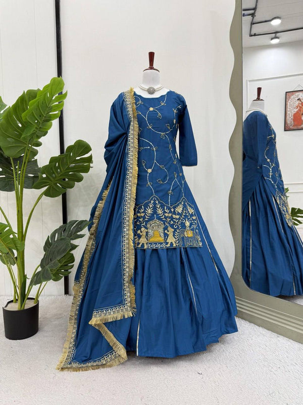 Blue Natural Crepe Silk Lehenga Set with Bead & Sequin Detailing ClothsVilla
