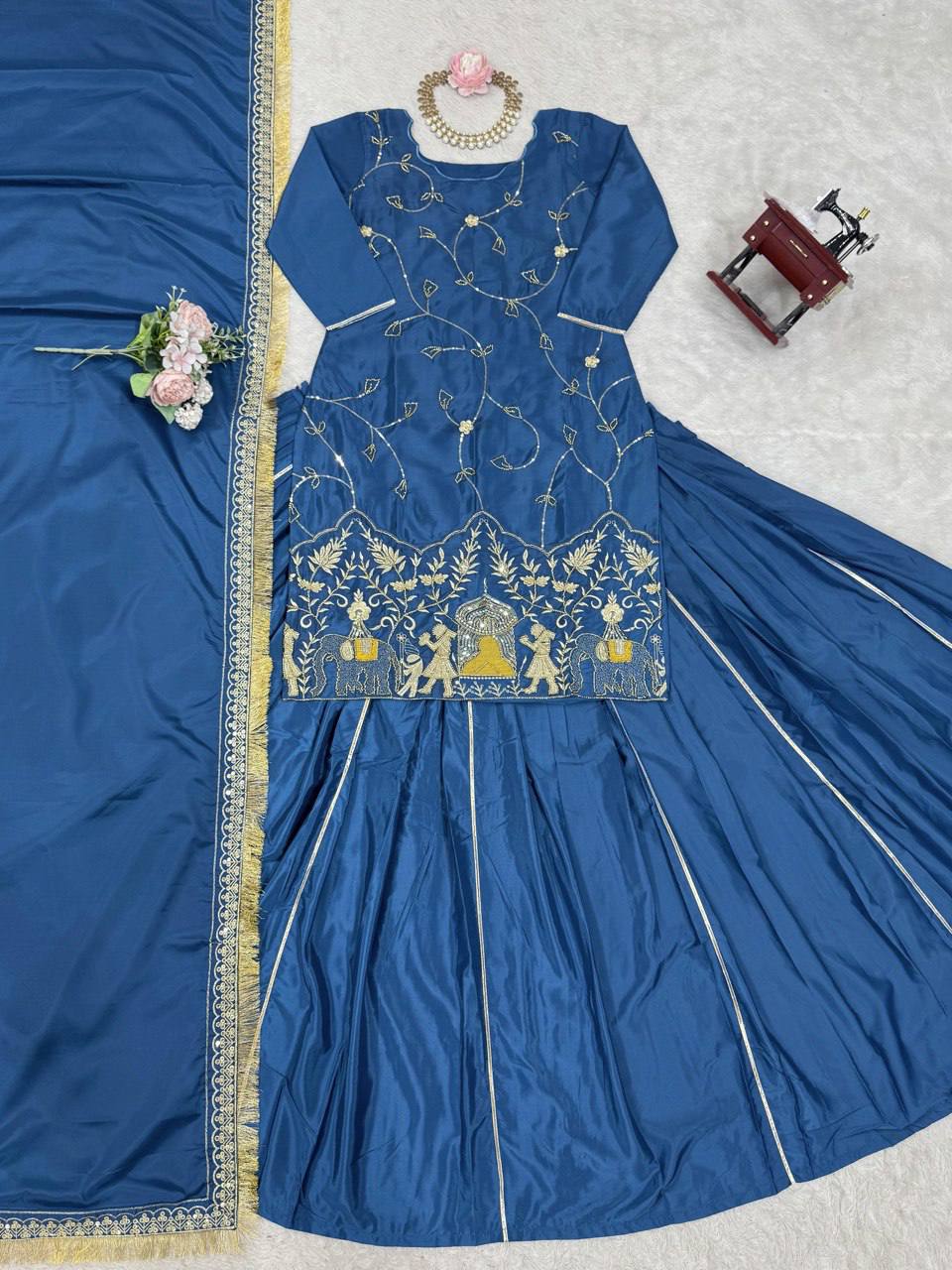 Blue Natural Crepe Silk Lehenga Set with Bead & Sequin Detailing Secondary image