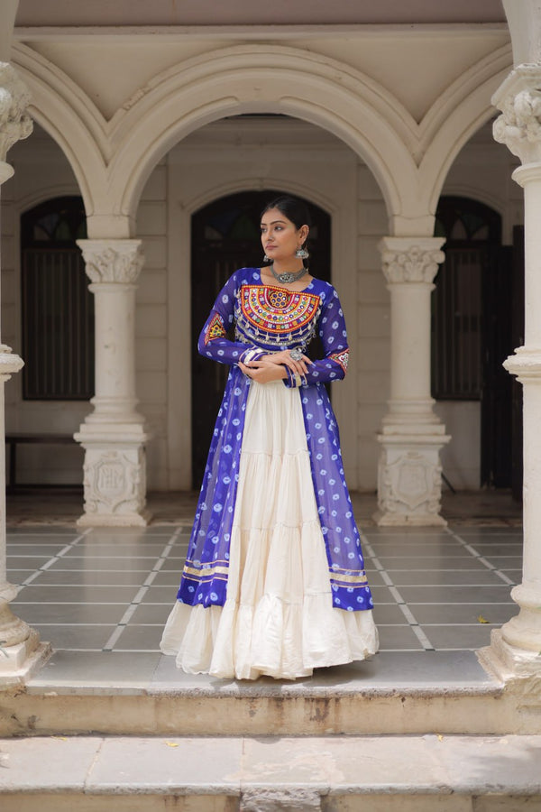 Blue Navratri Special Bandhani Kurti with Kora Cotton Frill Lehenga Set – Full Stitched ClothsVilla