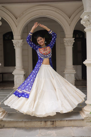 Blue Navratri Special Bandhani Kurti with Kora Cotton Frill Lehenga Set – Full Stitched ClothsVilla