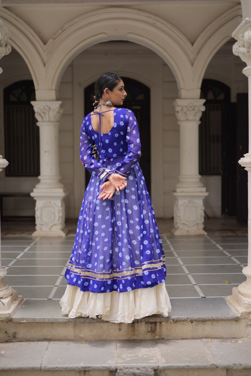 Blue Navratri Special Bandhani Kurti with Kora Cotton Frill Lehenga Set – Full Stitched ClothsVilla