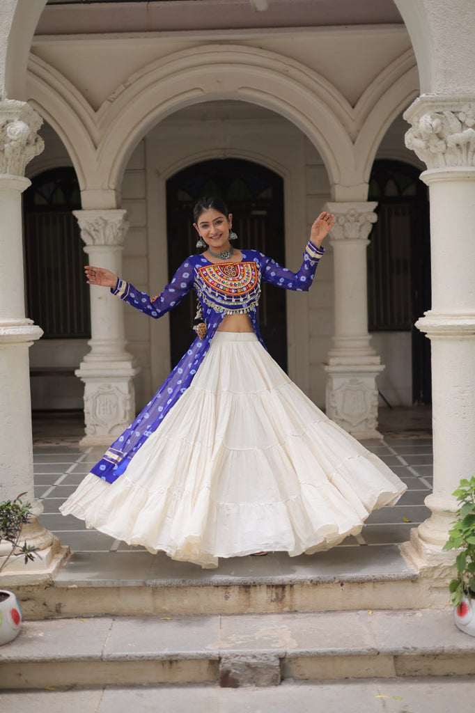 Blue Navratri Special Bandhani Kurti with Kora Cotton Frill Lehenga Set – Full Stitched ClothsVilla