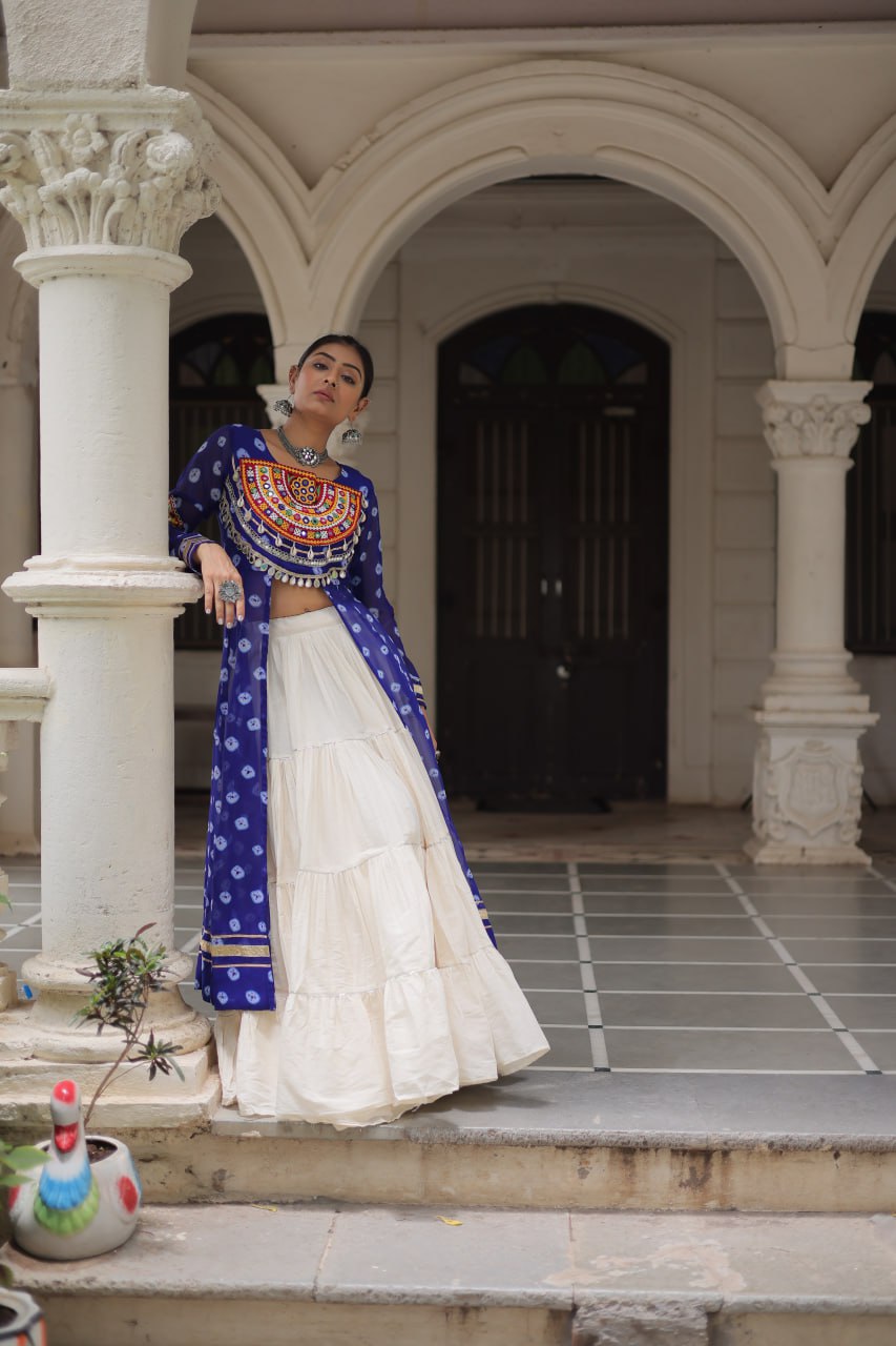 Blue Navratri Special Bandhani Kurti with Kora Cotton Frill Lehenga Set – Full Stitched ClothsVilla