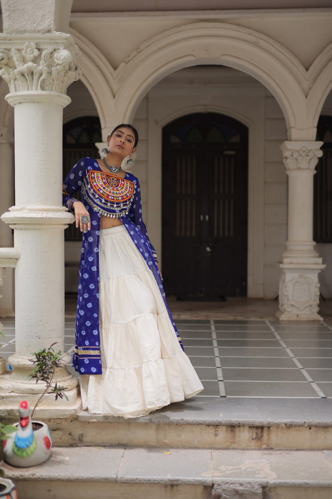 Blue Navratri Special Bandhani Kurti with Kora Cotton Frill Lehenga Set – Full Stitched ClothsVilla