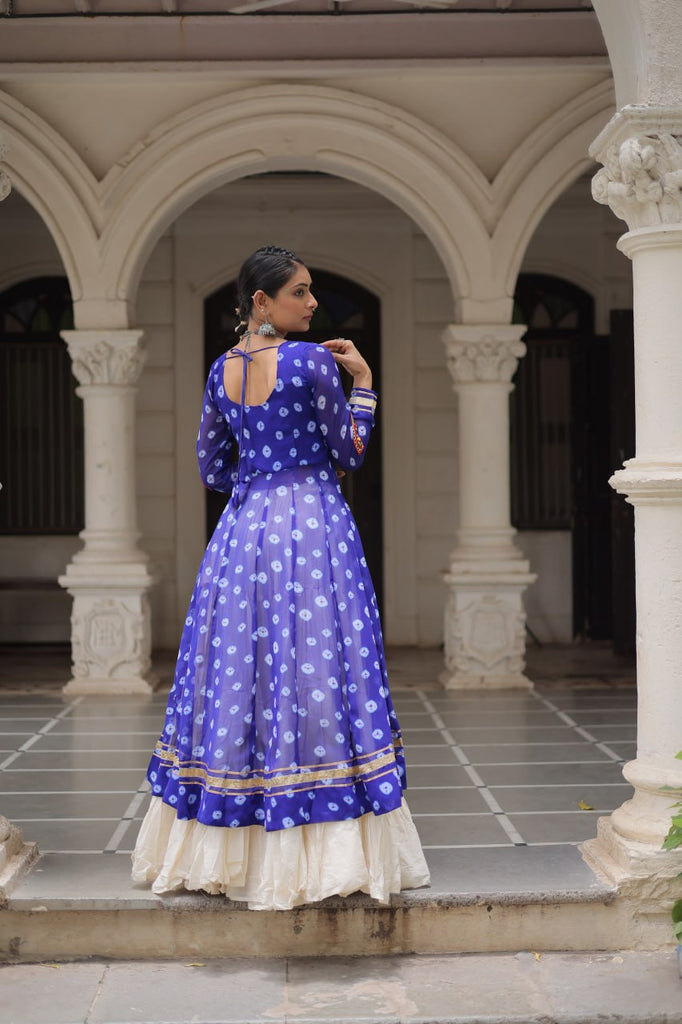 Blue Navratri Special Bandhani Kurti with Kora Cotton Frill Lehenga Set – Full Stitched ClothsVilla