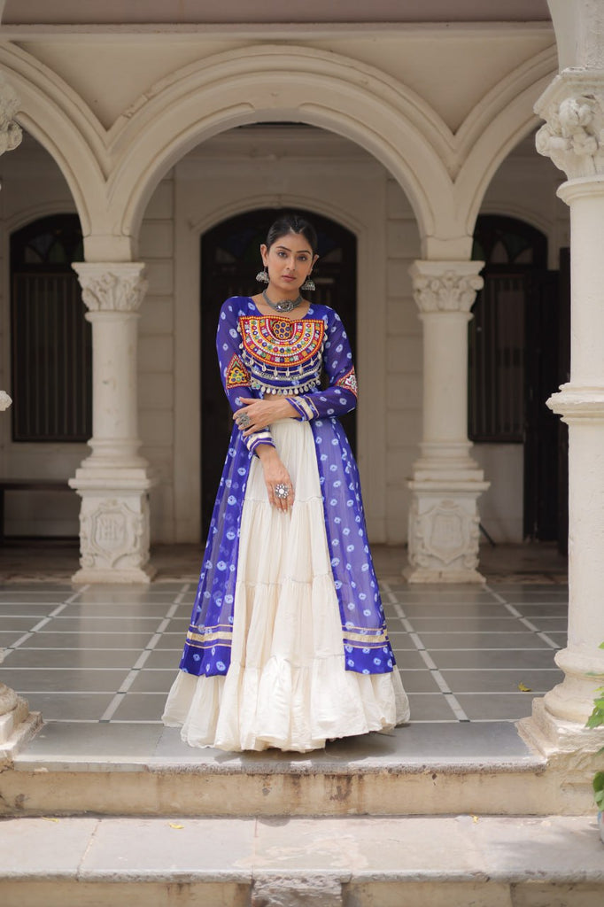 Blue Navratri Special Bandhani Kurti with Kora Cotton Frill Lehenga Set – Full Stitched ClothsVilla
