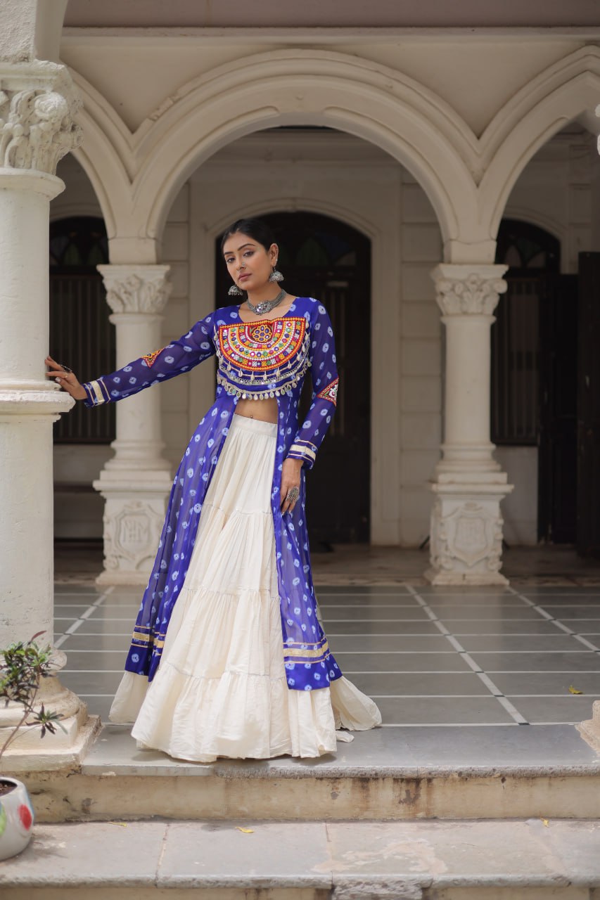 Blue Navratri Special Bandhani Kurti with Kora Cotton Frill Lehenga Set – Full Stitched ClothsVilla