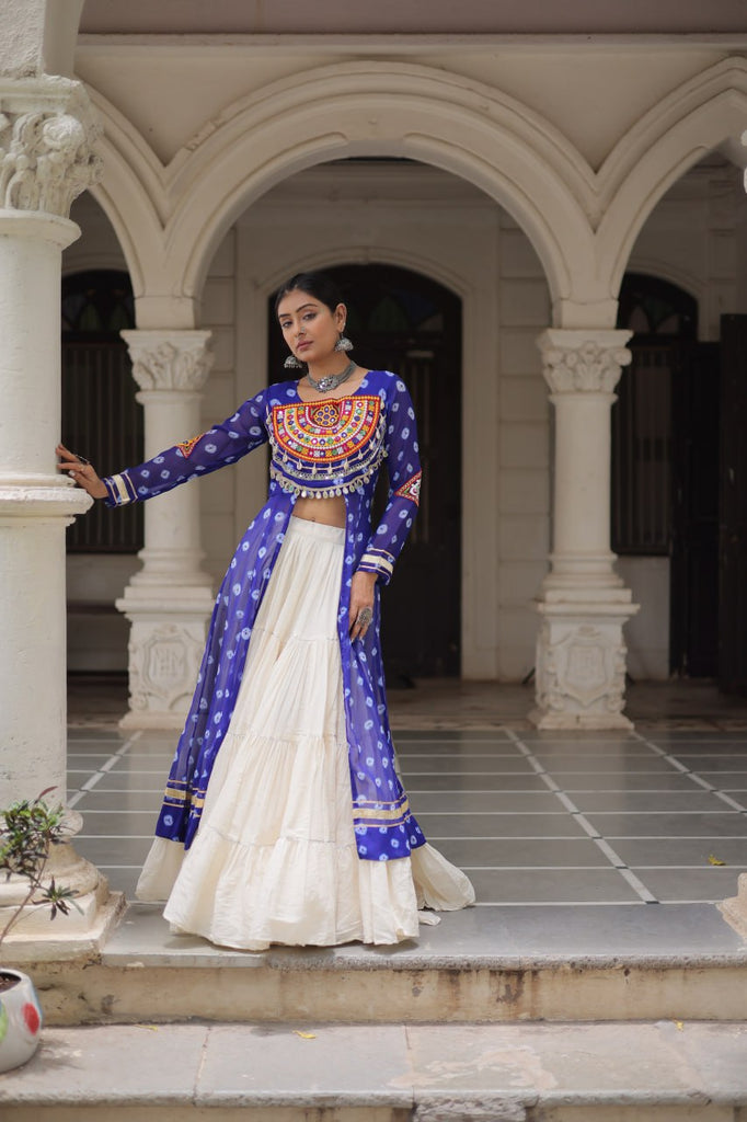 Blue Navratri Special Bandhani Kurti with Kora Cotton Frill Lehenga Set – Full Stitched ClothsVilla