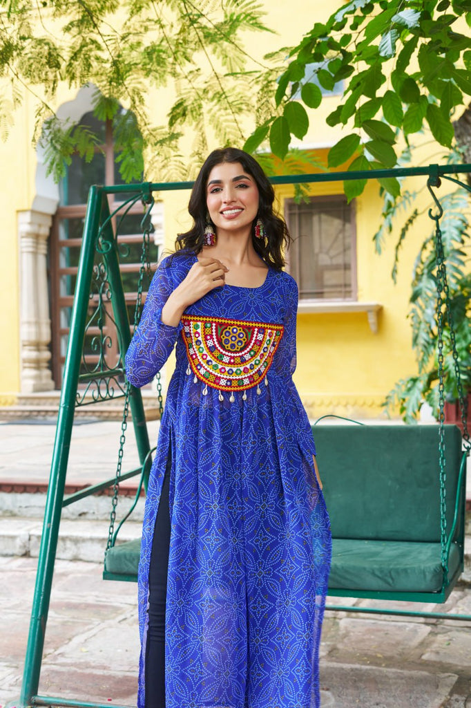 Blue Navratri Special Bandhej Print Kurti with Kutchi Patch Work ClothsVilla