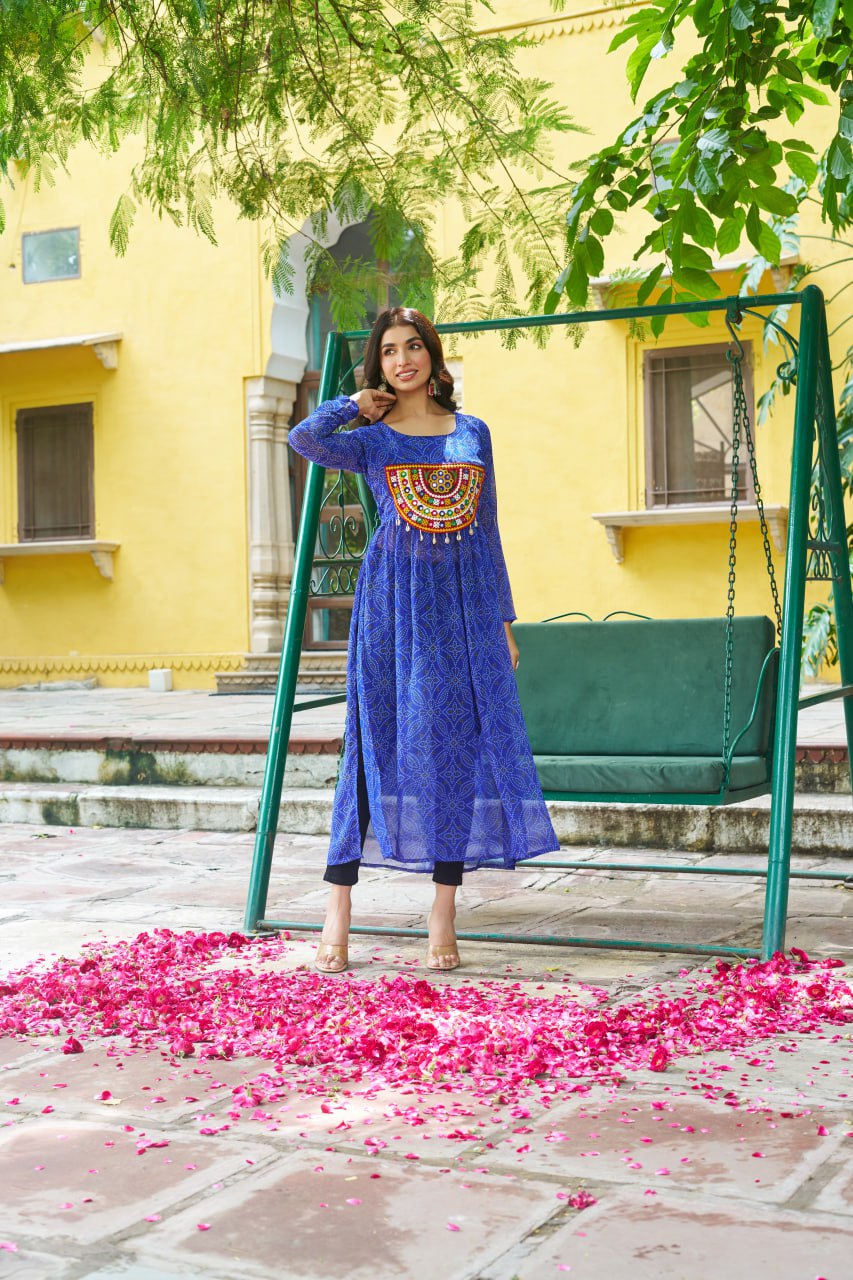 Blue Navratri Special Bandhej Print Kurti with Kutchi Patch Work ClothsVilla