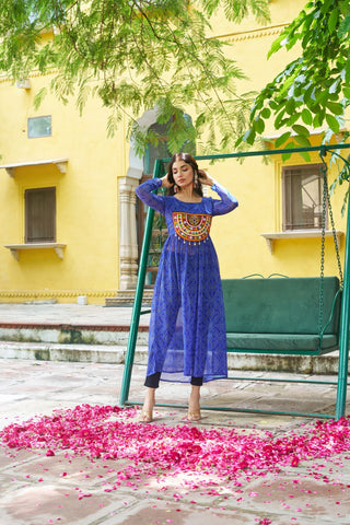 Blue Navratri Special Bandhej Print Kurti with Kutchi Patch Work ClothsVilla