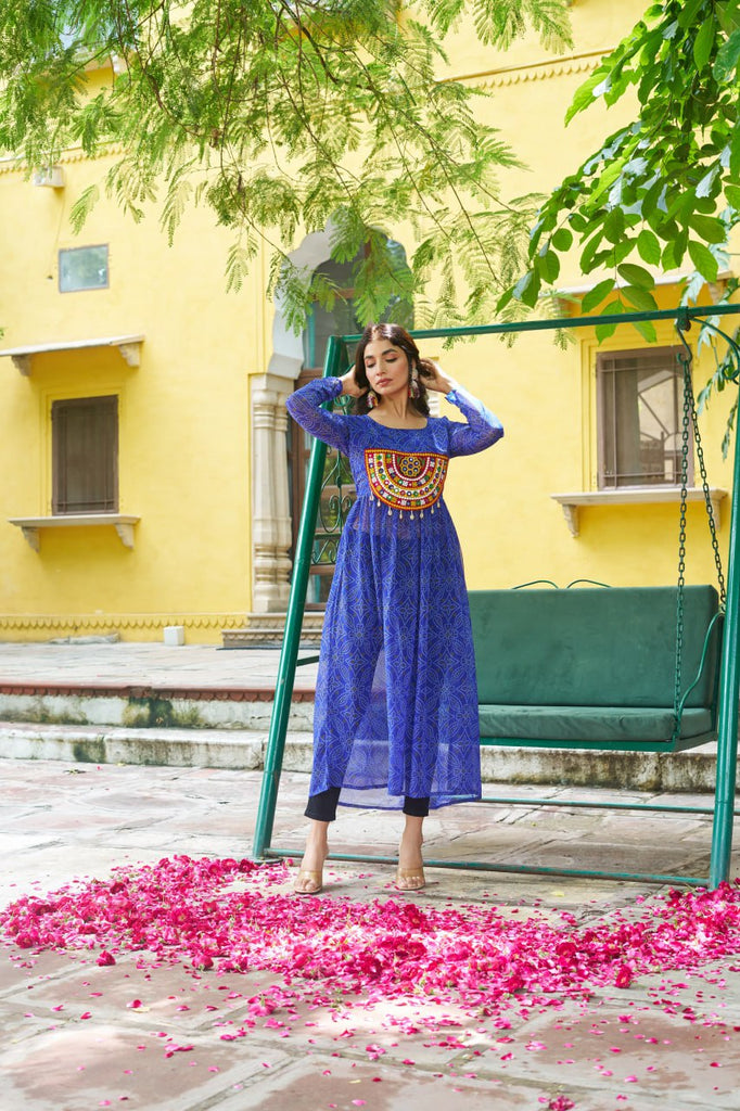 Blue Navratri Special Bandhej Print Kurti with Kutchi Patch Work ClothsVilla