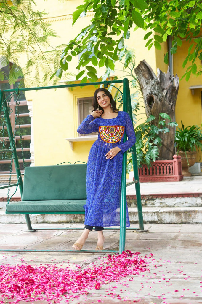 Blue Navratri Special Bandhej Print Kurti with Kutchi Patch Work ClothsVilla