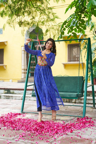 Blue Navratri Special Bandhej Print Kurti with Kutchi Patch Work ClothsVilla