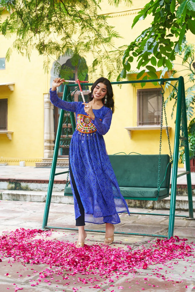 Blue Navratri Special Bandhej Print Kurti with Kutchi Patch Work ClothsVilla