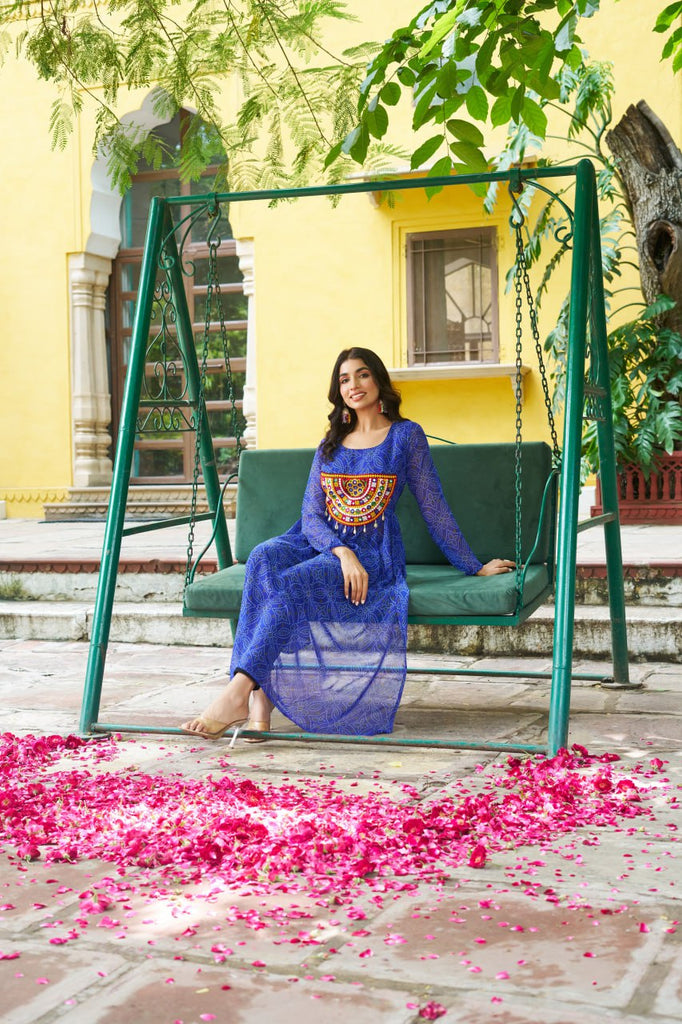 Blue Navratri Special Bandhej Print Kurti with Kutchi Patch Work ClothsVilla