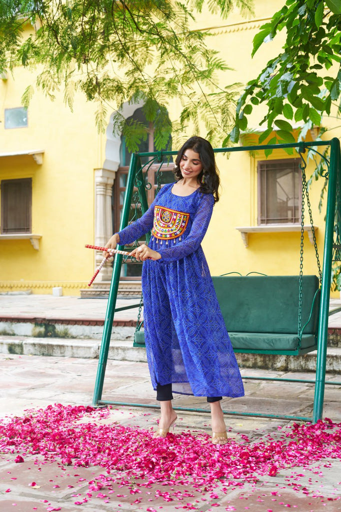 Blue Navratri Special Bandhej Print Kurti with Kutchi Patch Work ClothsVilla