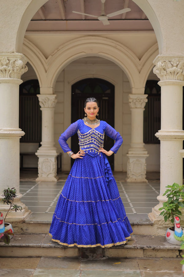 Blue Navratri Special Leheriya Print Lehenga Choli with 12 Mtr Flair & Mirror Lace Work ClothsVilla