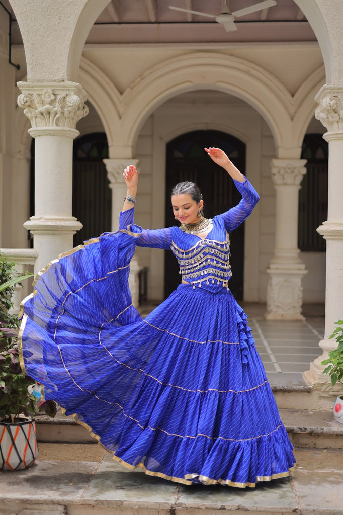 Blue Navratri Special Leheriya Print Lehenga Choli with 12 Mtr Flair & Mirror Lace Work ClothsVilla