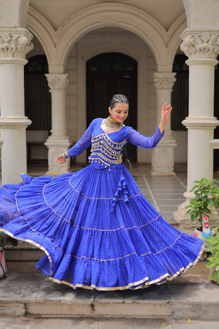 Blue Navratri Special Leheriya Print Lehenga Choli with 12 Mtr Flair & Mirror Lace Work ClothsVilla