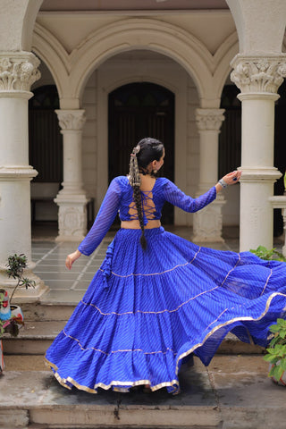 Blue Navratri Special Leheriya Print Lehenga Choli with 12 Mtr Flair & Mirror Lace Work ClothsVilla