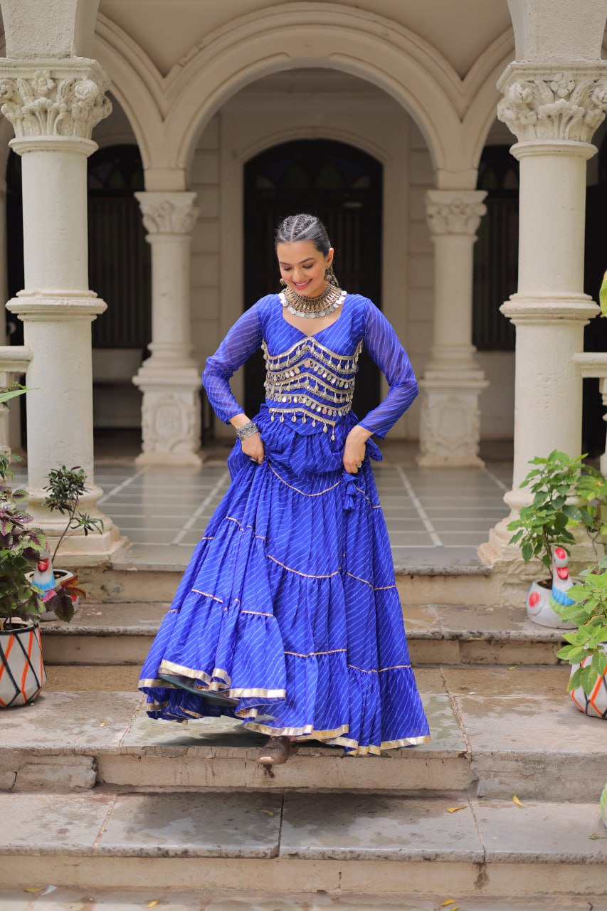 Blue Navratri Special Leheriya Print Lehenga Choli with 12 Mtr Flair & Mirror Lace Work ClothsVilla