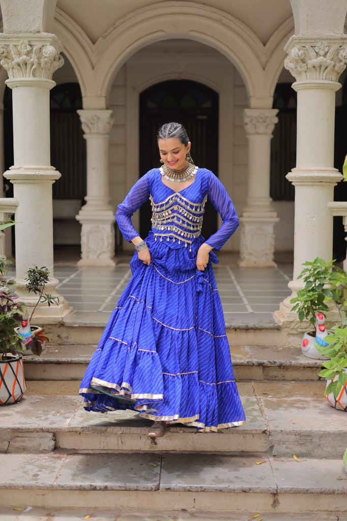 Blue Navratri Special Leheriya Print Lehenga Choli with 12 Mtr Flair & Mirror Lace Work ClothsVilla