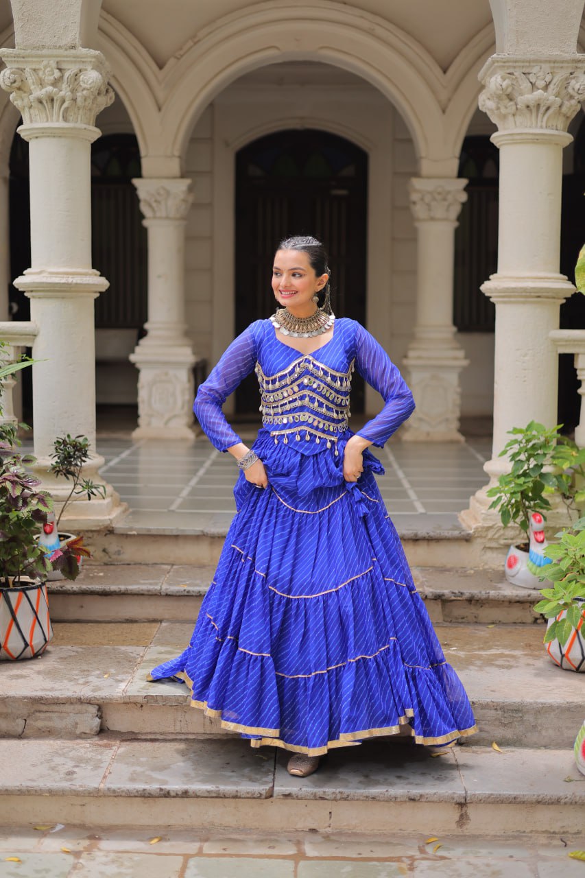 Blue Navratri Special Leheriya Print Lehenga Choli with 12 Mtr Flair & Mirror Lace Work ClothsVilla