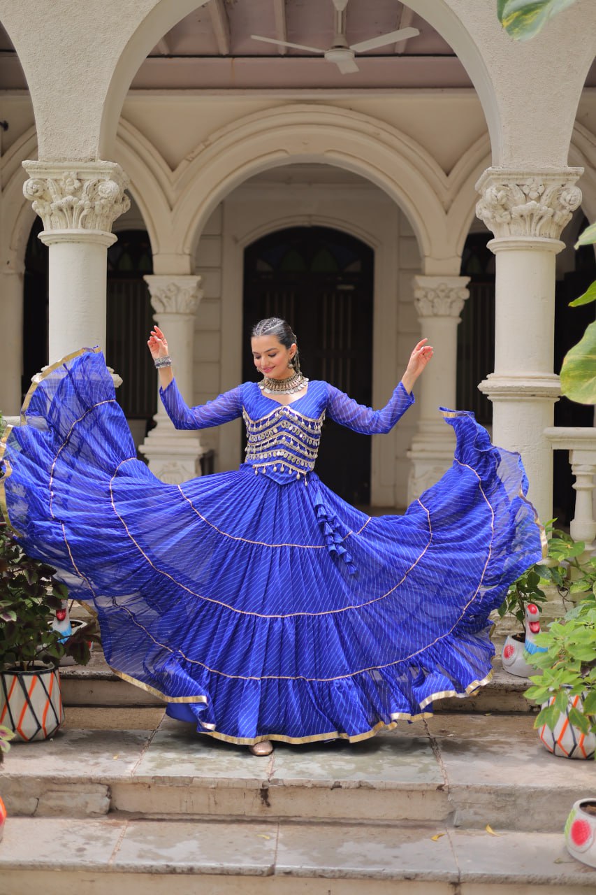 Blue Navratri Special Leheriya Print Lehenga Choli with 12 Mtr Flair & Mirror Lace Work ClothsVilla