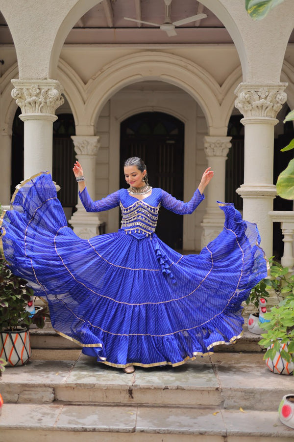 Blue Navratri Special Leheriya Print Lehenga Choli with 12 Mtr Flair & Mirror Lace Work ClothsVilla