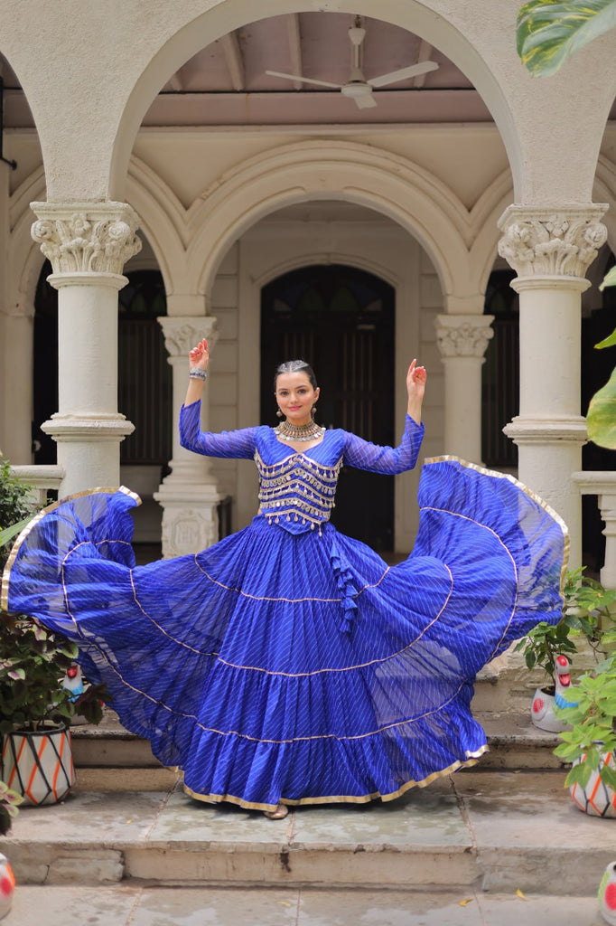 Blue Navratri Special Leheriya Print Lehenga Choli with 12 Mtr Flair & Mirror Lace Work ClothsVilla