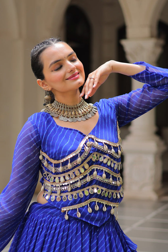 Blue Navratri Special Leheriya Print Lehenga Choli with 12 Mtr Flair & Mirror Lace Work ClothsVilla