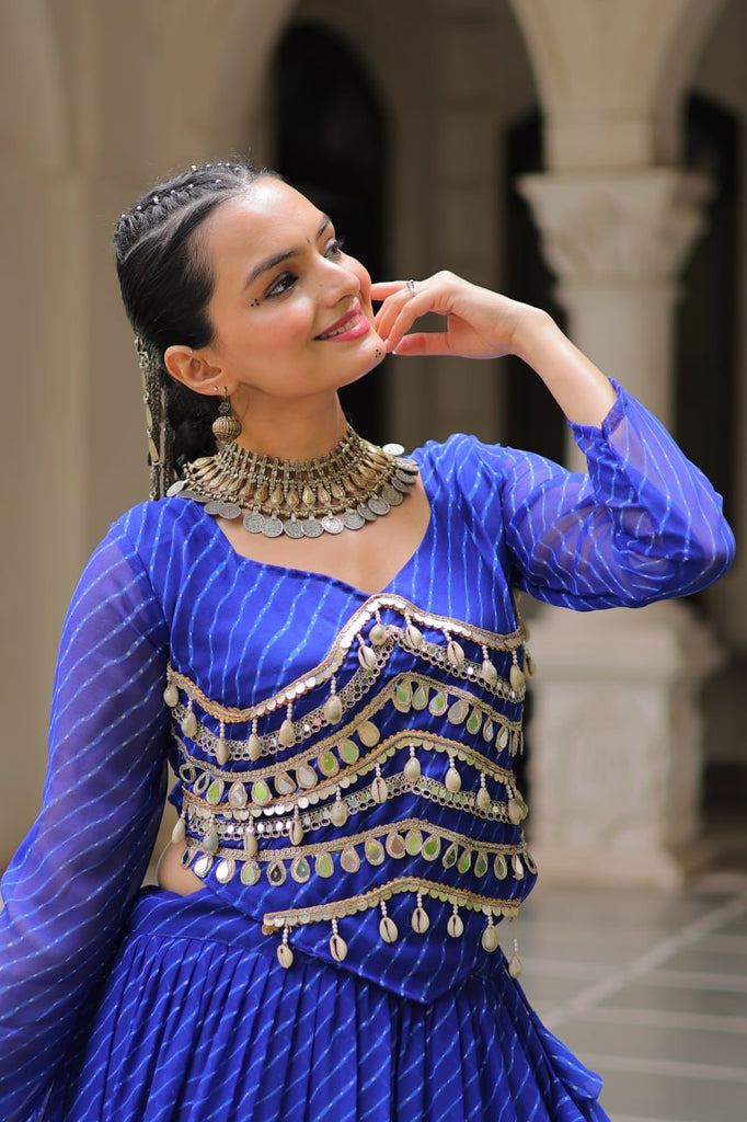 Blue Navratri Special Leheriya Print Lehenga Choli with 12 Mtr Flair & Mirror Lace Work ClothsVilla