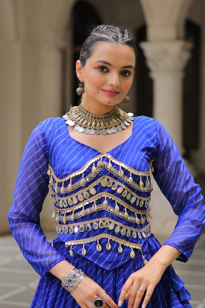 Blue Navratri Special Leheriya Print Lehenga Choli with 12 Mtr Flair & Mirror Lace Work ClothsVilla