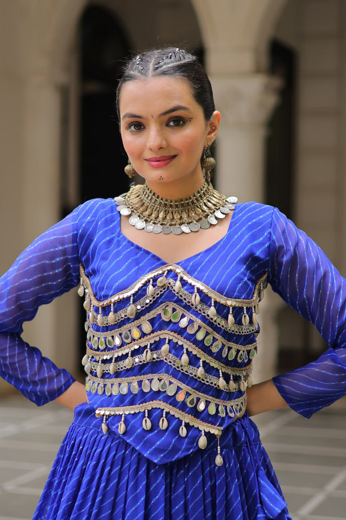 Blue Navratri Special Leheriya Print Lehenga Choli with 12 Mtr Flair & Mirror Lace Work ClothsVilla