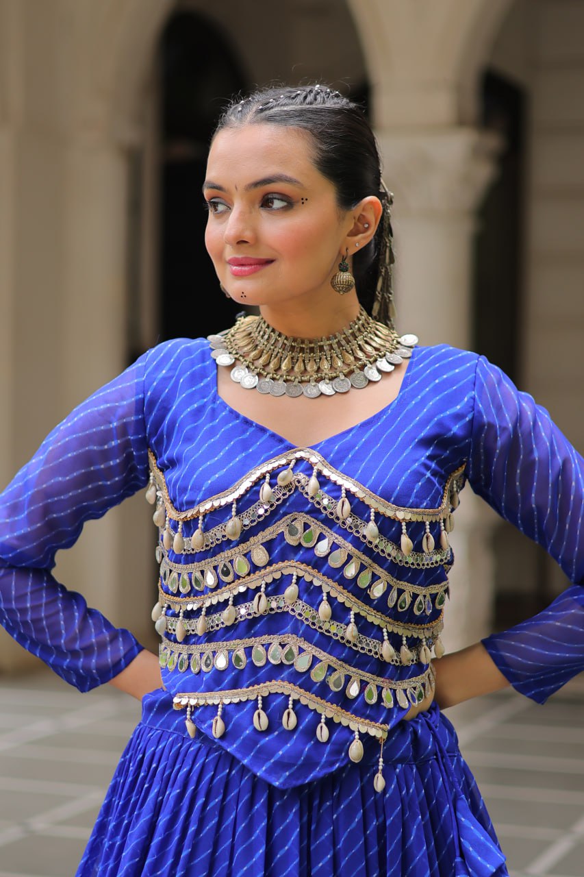 Blue Navratri Special Leheriya Print Lehenga Choli with 12 Mtr Flair & Mirror Lace Work ClothsVilla