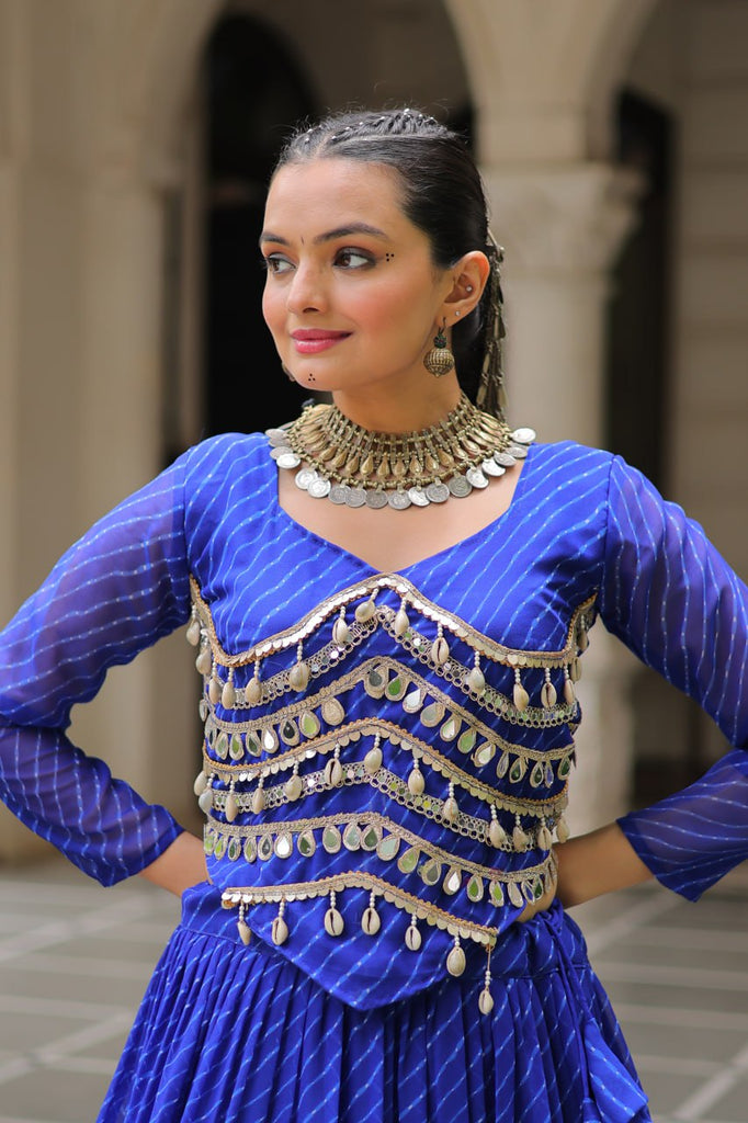 Blue Navratri Special Leheriya Print Lehenga Choli with 12 Mtr Flair & Mirror Lace Work ClothsVilla