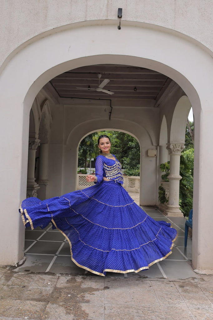 Blue Navratri Special Leheriya Print Lehenga Choli with 12 Mtr Flair & Mirror Lace Work ClothsVilla