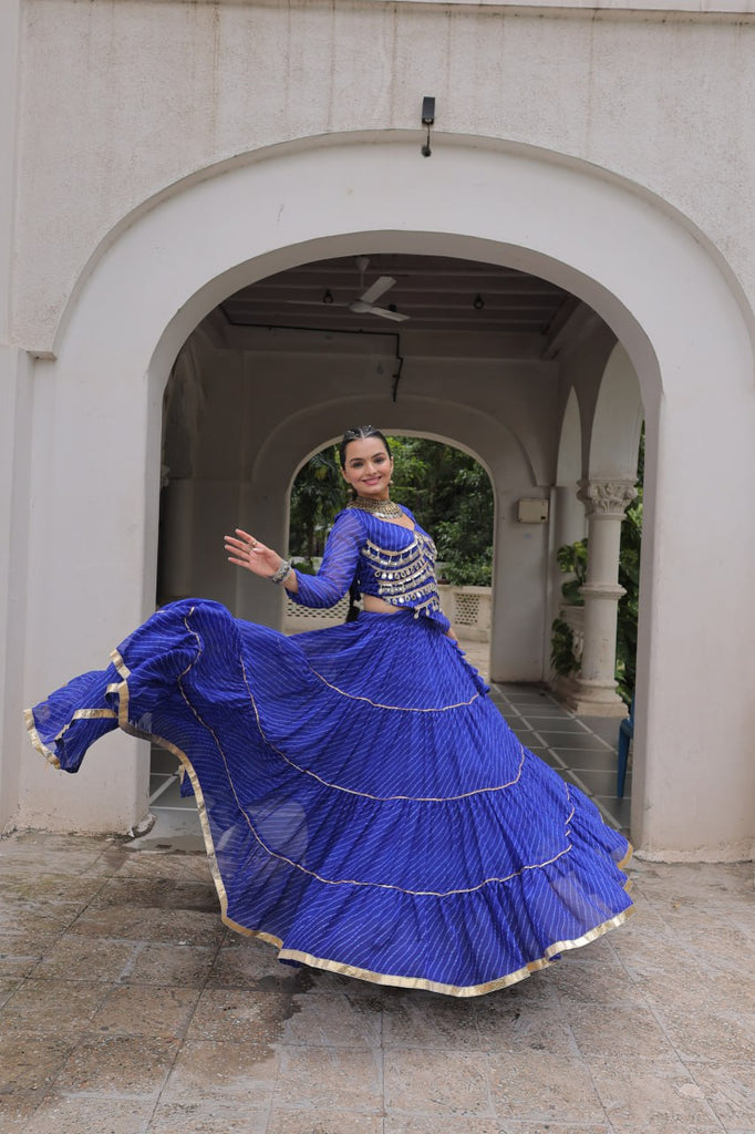 Blue Navratri Special Leheriya Print Lehenga Choli with 12 Mtr Flair & Mirror Lace Work ClothsVilla