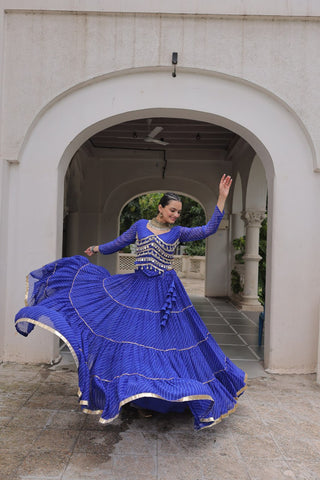 Blue Navratri Special Leheriya Print Lehenga Choli with 12 Mtr Flair & Mirror Lace Work ClothsVilla