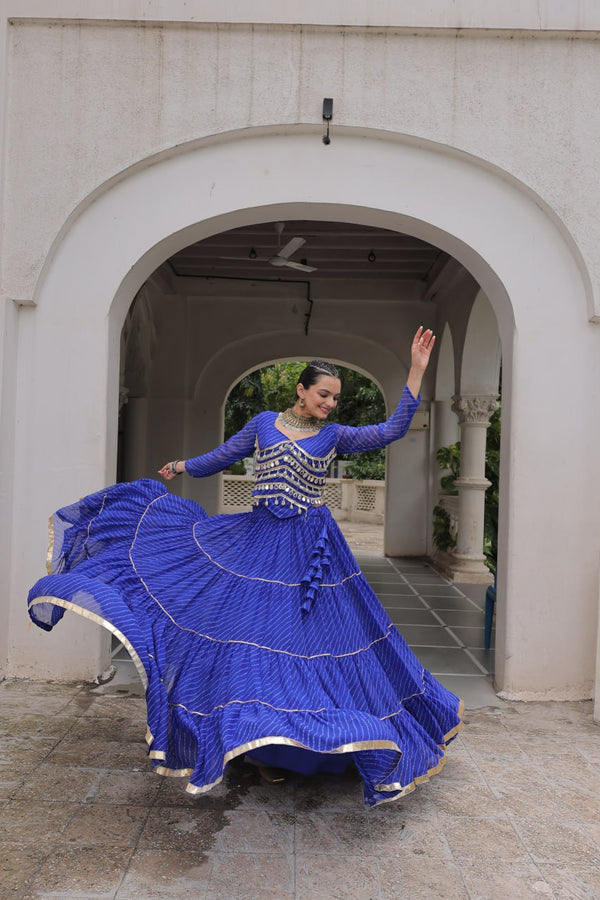 Blue Navratri Special Leheriya Print Lehenga Choli with 12 Mtr Flair & Mirror Lace Work ClothsVilla