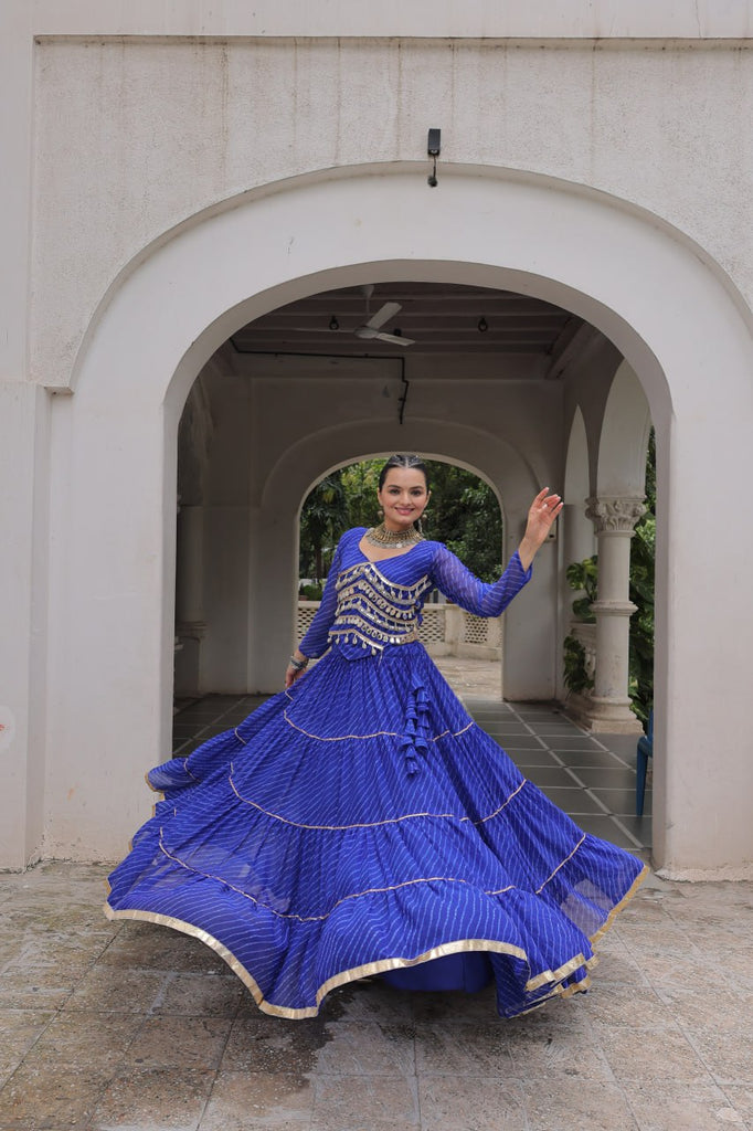 Blue Navratri Special Leheriya Print Lehenga Choli with 12 Mtr Flair & Mirror Lace Work ClothsVilla