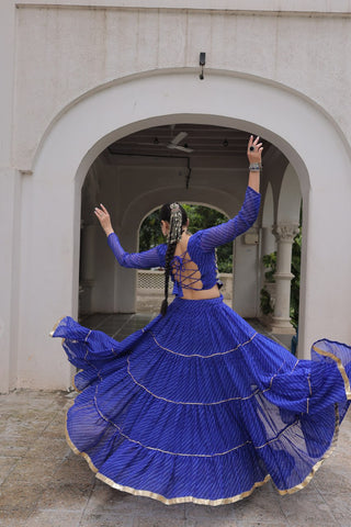 Blue Navratri Special Leheriya Print Lehenga Choli with 12 Mtr Flair & Mirror Lace Work ClothsVilla